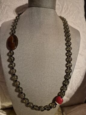 Vintage True Smokey Quartz, Undyed Red Coral And Carnelian 24 Inch Necklace.